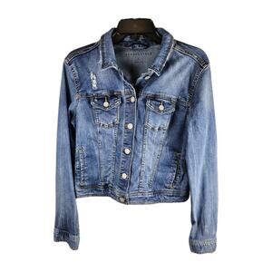 Abercrombie & Fitch Women's Blue Denim Jean Jacket Size L Trucker Distressed 90s
